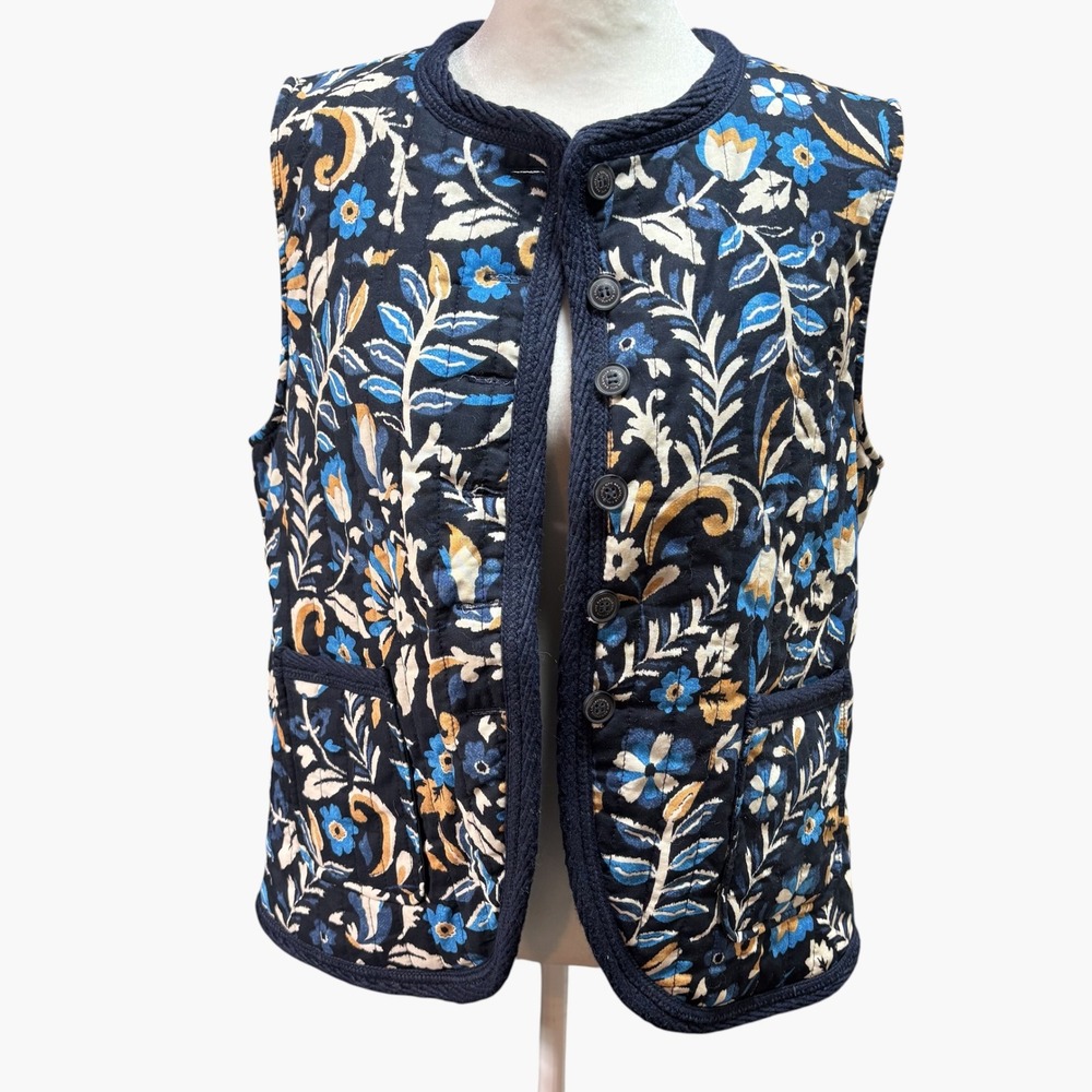 Bagatelle Collection Floral Quilted Vest Navy Cotton Button Pockets M #742